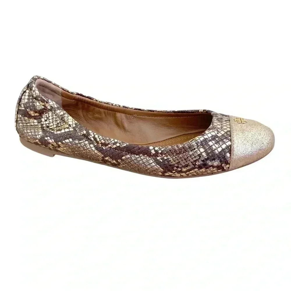 Tory Burch Gold Roccia Ballet Flats Shoes Size 6 Cap Toe Snakeprint Classic